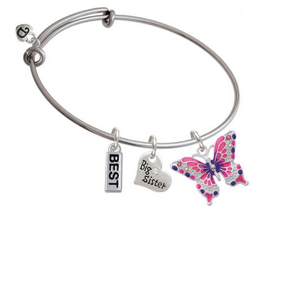 Large Hot Pink & Purple Butterfly Big Sister Heart Expandable Bangle Bracelet