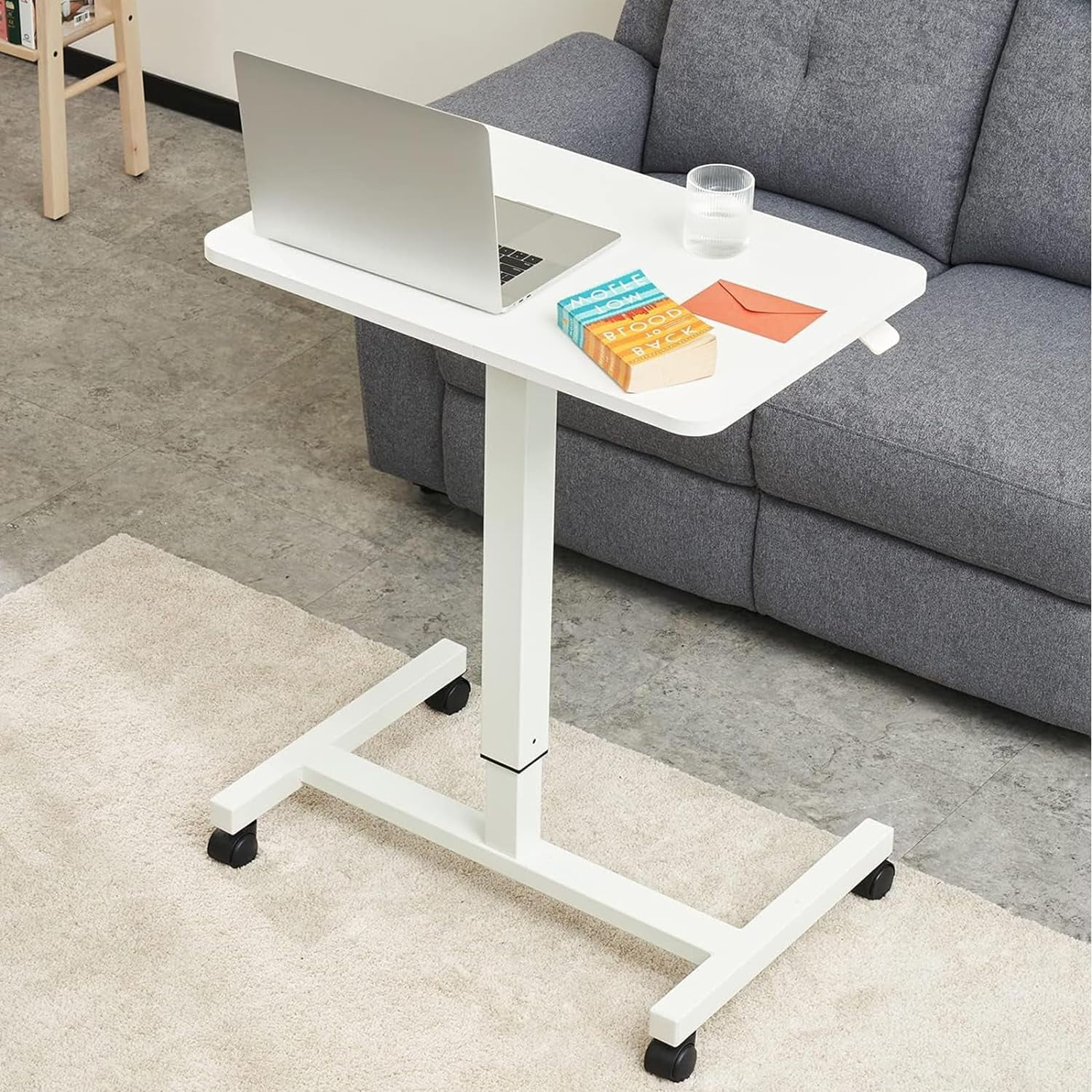 CLATINA Mobile Standing Desk, Rolling Standing Desk, Pneumatic Sit to Stand Workstation Table, Computer Cart Overbed Table with Drawer for Home Office Classroom, 28" x 19" White