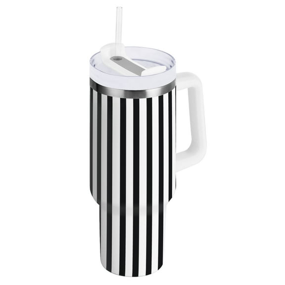 JSTEL Black & White Stripes 40 oz Tumbler Stainless Steel Water Bottle Vacuum Insulated Cup with Straw Lid & Handle For Travel Car Cup Holder