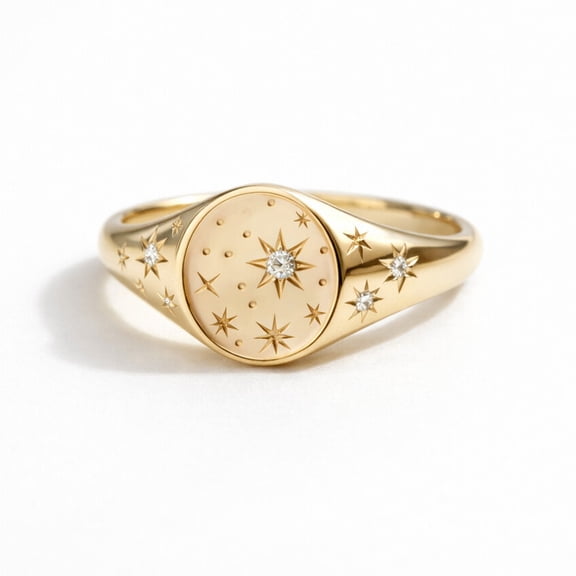 Diamond Celestial Signet Ring, Star Moon Dome Ring, Family Crest Galaxy Ring, Handmade Jewelry, April Birthstone Ring, Statement Ring, Gift For Men's