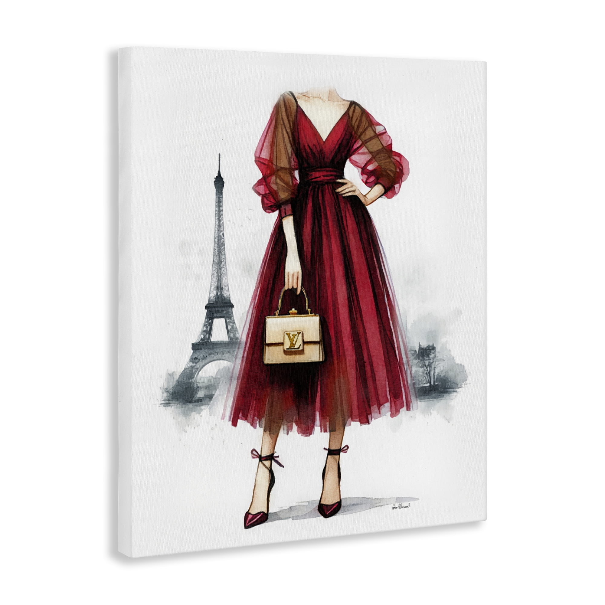Stupell Industries Parisian Girl in Dress Fashion Painting Wrapped Canvas Art Print Wall Art, 36 x 48