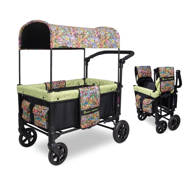 WONDERFOLD W1 Original Stroller Wagon (2 Seater) - Collapsible Wagon Stroller with Seats with 5-Point Harnesses, Adjustable Push Handle, and Sun Canopy, Tokidoki - Animalini