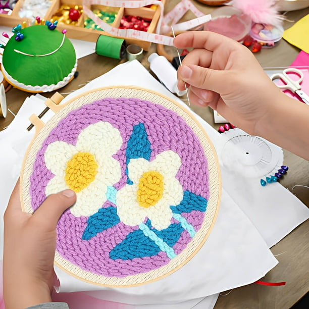 Kit de bordado de hilo grueso | Serie de diseño de flores | Juego de agujas de perforación DIY con herramientas e hilo | Incluye lienzo de 20 cm, aguja, instrucciones paso a paso | Regalo de