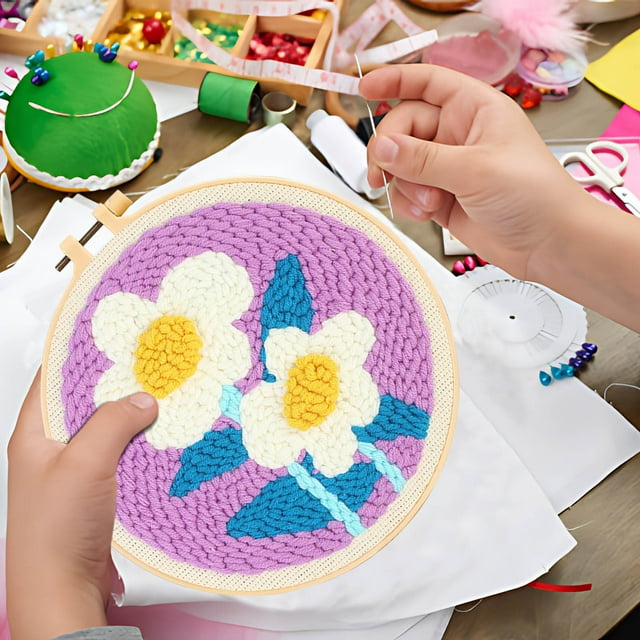 XYAIYT Coarse Yarn Poke Embroidery DIY Kit with Floral Designs,Complete Material PCage for Beginners Experts,Includes Tools Instructions,Perfect Gift for Craft Enthusiasts,7.9 inches Size