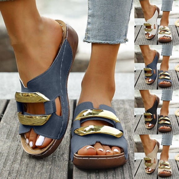 QNANSPI Women's Wedge Heel Shoes, Summer Casual Footwear for Women, Women Solid Color Peep Toe Slide On Wedge Thick Heel Shoes With Perforated And Metal Buckle Summer Footwear