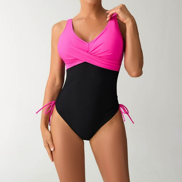 Trajes de baño de una pieza para mujer, conjuntos de bikini sin espalda con frenillo y cordón de moda con bloques de color para mujer, traje de baño para mujer