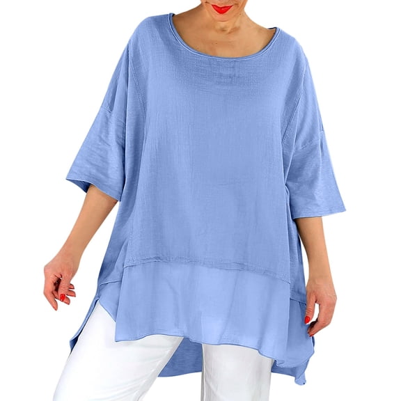 Beach Vacation Clothes for Women, Womens Shirts, Trendy Women Casual Blouse Solid Round Neck Loose Top with Three Quarter Sleeves for Everyday Wear