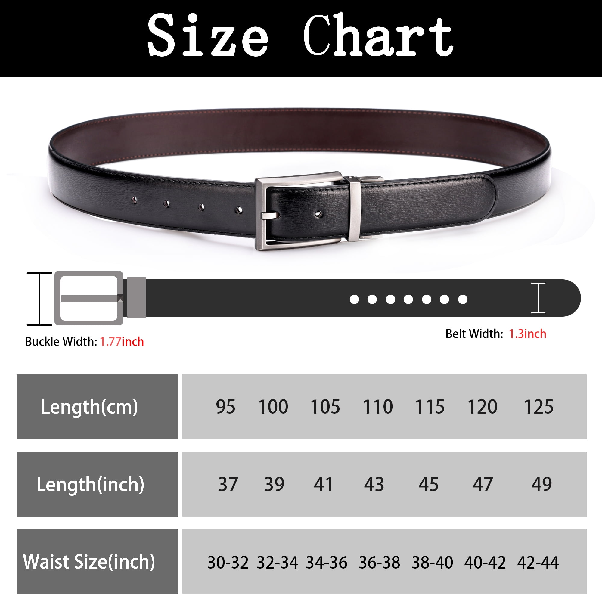 Maikun Mens Reversible Leather Belt, Rotatable Buckle, Black 