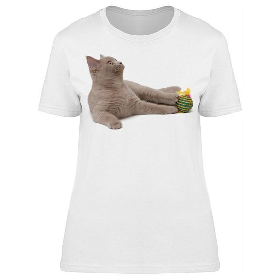 British Blue Cat Playing Ball T-Shirt Women -Image by Shutterstock, Female x-Large