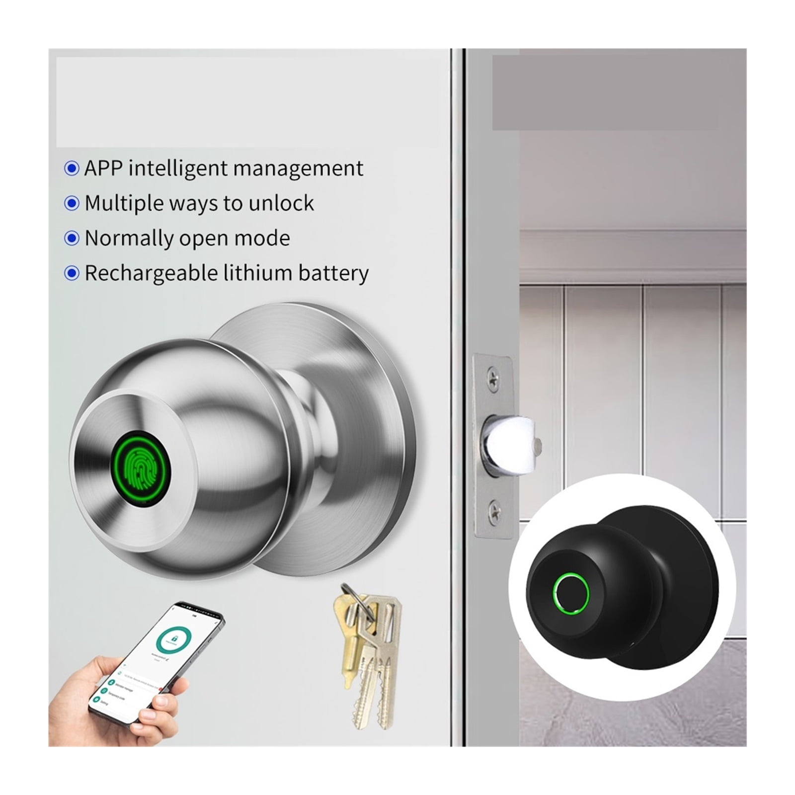 Control Fingerprint Round Door Knobs Rotation Lock Knobset Handle Metal Knob with Phycial Key