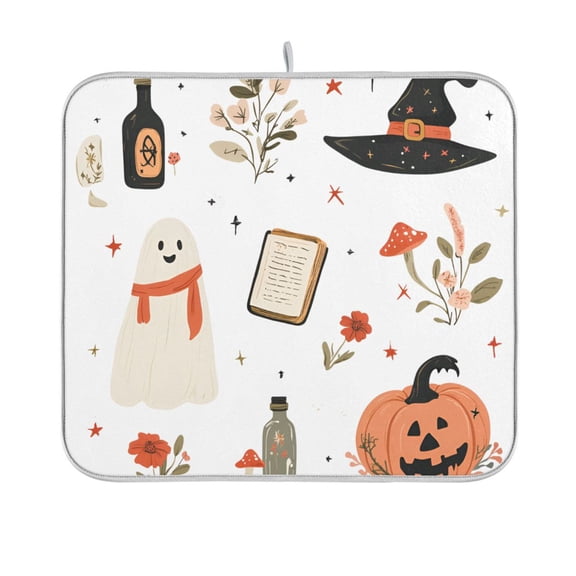 Yayeee Dish Drying Mat for Kitchen Counter 16"x18" Microfiber Absorbent Pad, White Halloween Ghosts