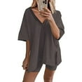 thumbnail image 2 of Clearance Women Sets 2 Piece Outfits Casual V Neck Short Sleeve Side Split Loose Tops with Shorts Solid Color Summer Loungewear Sets(X-Large,Dark Gray A), 2 of 4