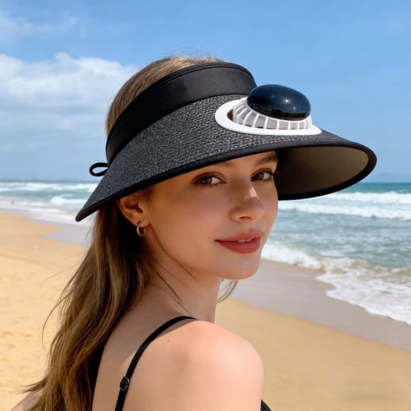 ROLKFUK Solar Fan Hat with Wide Brim, USB Rechargeable Cooling Sun Protection Cap for Outdoor, Adjustable Lightweight Black
