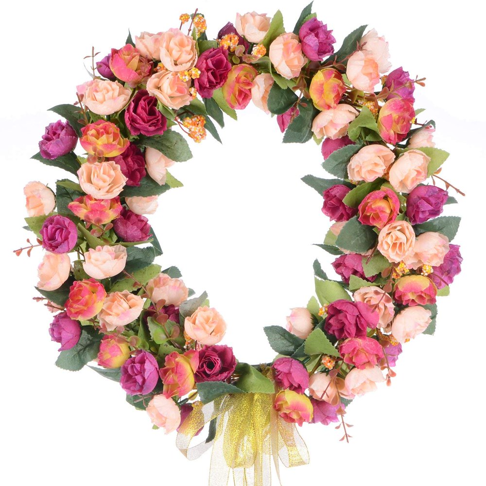 Coolmade Artificial Rose Flower Wreath, Door Wreath 14 Inch Fake Rose