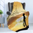 thumbnail image 4 of Nature Soft Flannel Fleece Blanket, Little Child Silhouette with a Bird Cage at Sunset in Forest Rural Trees Birds, Cozy Plush for Indoor and Outdoor Use, 70" x 90", Marigold Black, by Ambesonne, 4 of 5