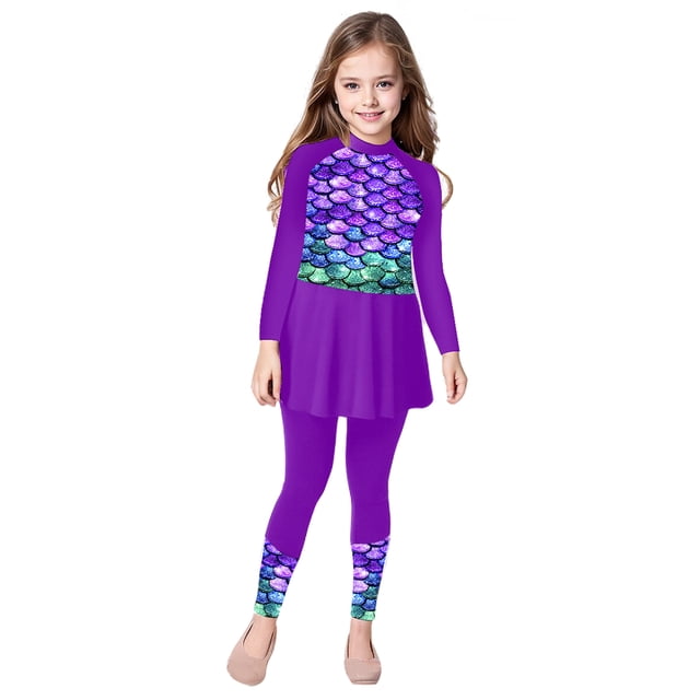 TSSOE Girls Swimsuit Dress with Swim Pants Legging Rashguard Set Kids Beach Surfing Bathing Suit Purple 6