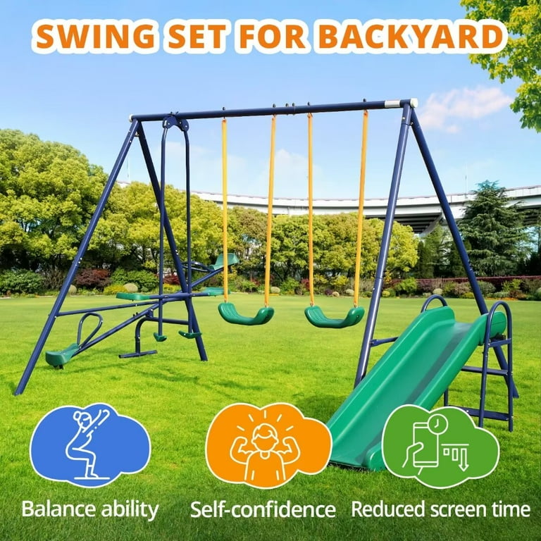 5-in-1 Metal Swing Set For Backyard - Heavy Duty Outdoor Playset With Slide, Glider & Swings