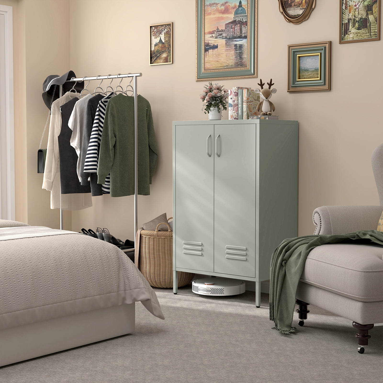 Marcree Green Metal Cabinet,2 Door Accent Cabinet,Metal Locker Cabinet with Legs,Sideboard Cabinet with Adjustable Shelves,Locker Storage Cabinet for Living Room,Entryway