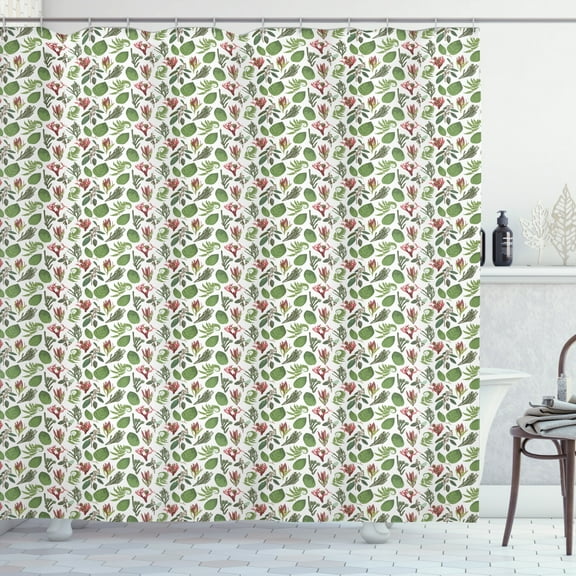 Botanical Shower Curtain, Scattered Various Leaves and Flowers Ferns and Herbs Jungle Elements, Fabric Bathroom Set with Hooks, 69W X 84L Inches Extra Long, White Pale Ruby Green, by Ambesonne
