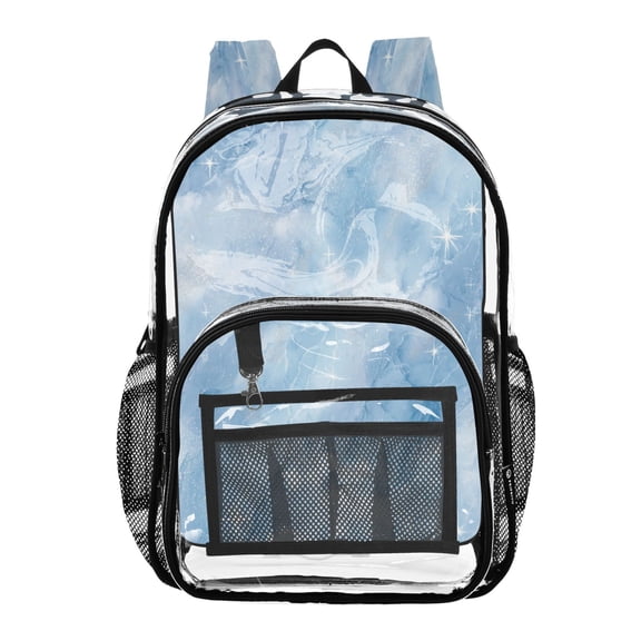 Clear PVC Backpack 12L Transparent Shoulder Bag with Mesh Pockets Luxury Ice Blue Marble Art