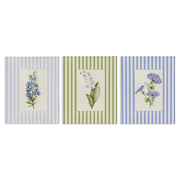 Soft Stripe Cottage Blooms 3 Piece Canvas Wall Art Set, design by Lisa Wehmeyer