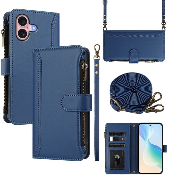 PU Leather Magnetic Snap Flip Zipper Strap Wallet Phone Case Fit for iPhone 16