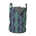 thumbnail image 1 of Ethnic Laundry Bag, Bohemian Retro Geometric Oriental Funky Motif on Dark Indigo Toned Backdrop, Basket with Handles Drawstring Closure for Laundromats, 13" x 19", Sea Green Ceil Blue, by Ambesonne, 1 of 4