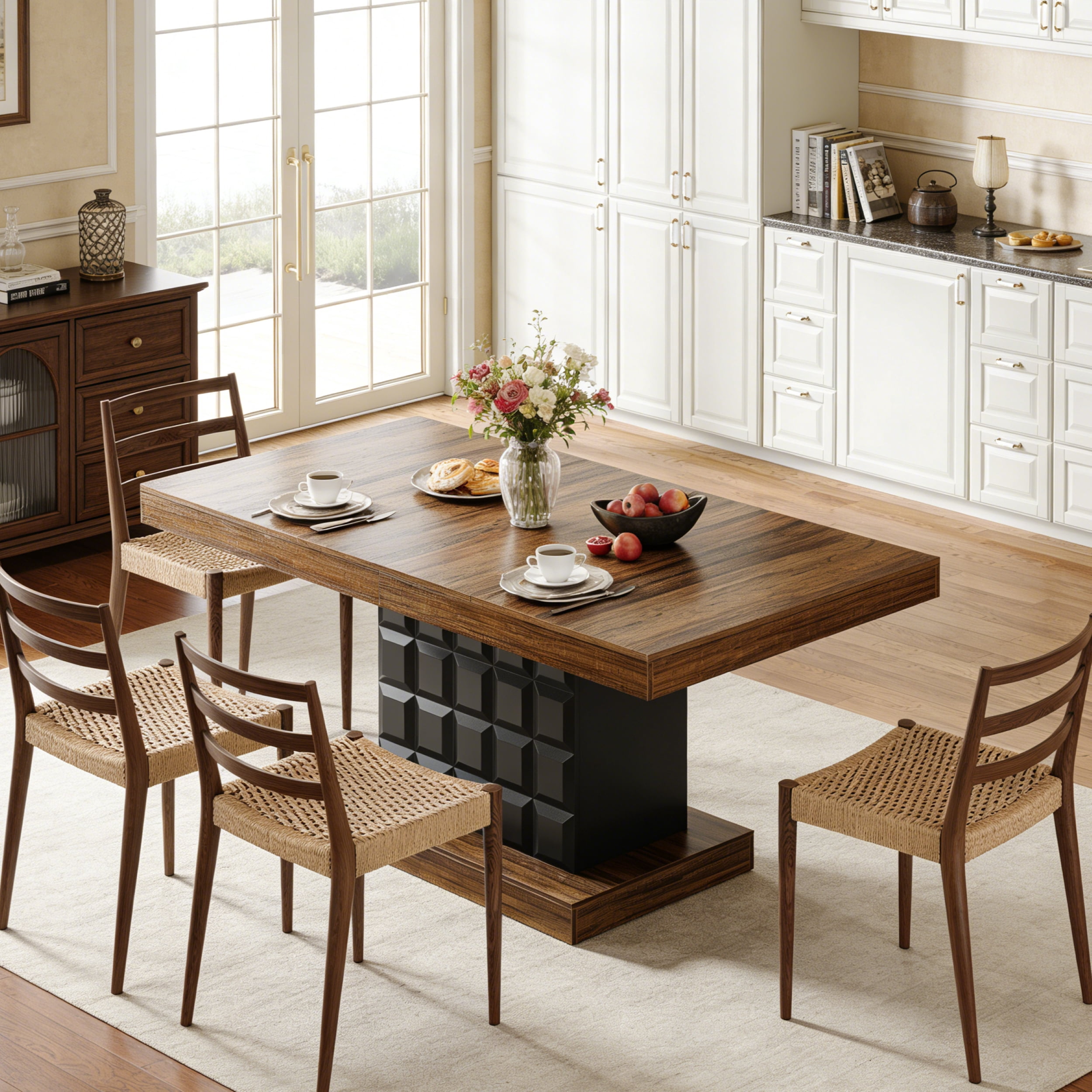 Fnova 63" Farmhouse Dining Table for 4-6 People, Wooden Rectangular Kitchen Table with Geometric Relief Pedestal Base, Easy to Assemble