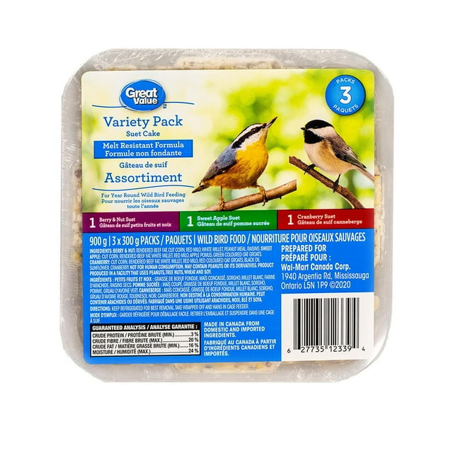 Great Value Wild Bird Food Suet Variety 3-Pack (Berry & Nut, Cranberry, Apple), 900g