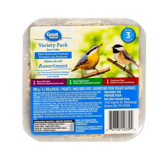 Great Value Nourriture pour oiseaux sauvages, assortiment de suif (baies et noix, canneberge, pomme), paquet de 3, 900 g