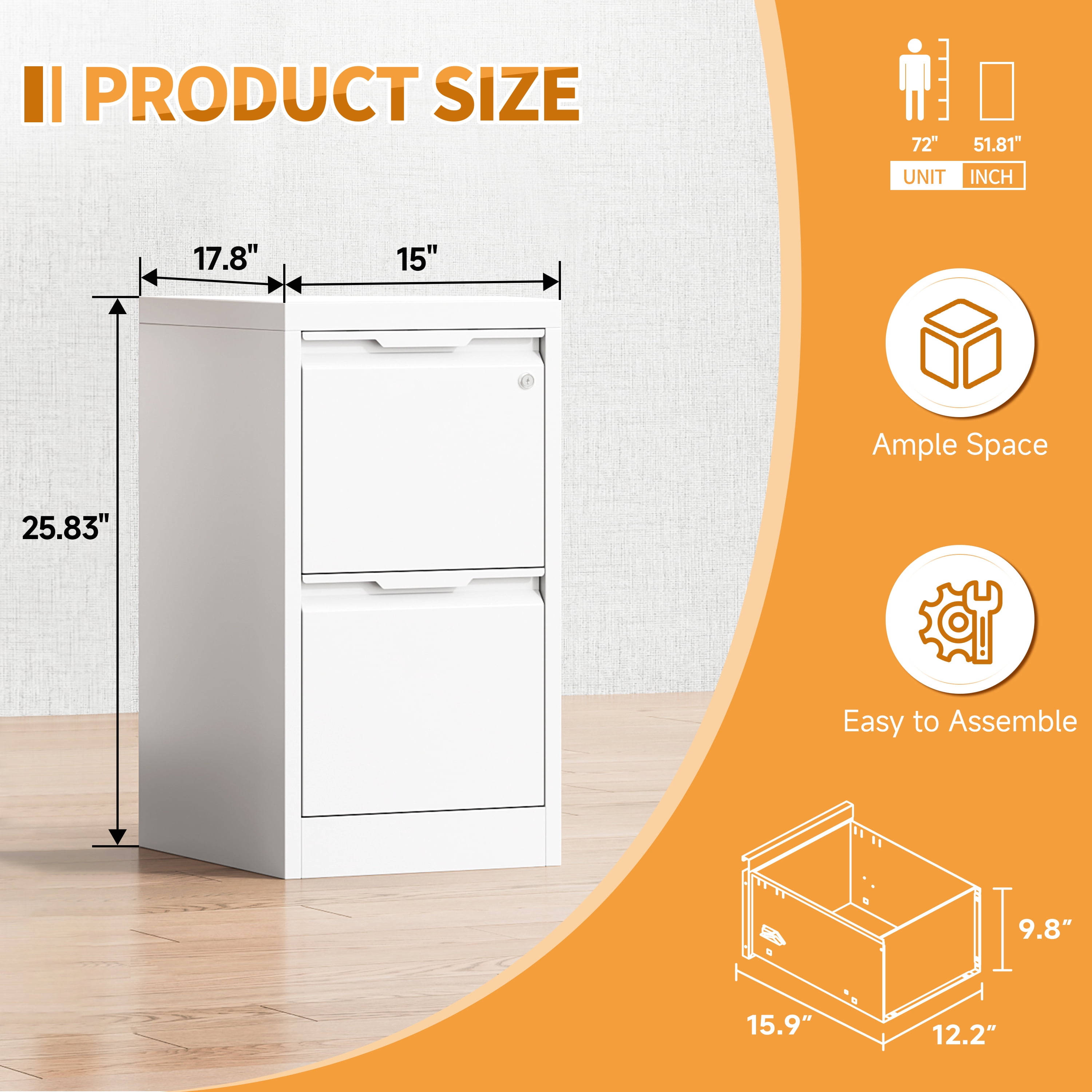 Vertical File Cabinet with Lock, Storage Cabinet with 2 Drawers for Home Office,Metal Filing Cabinet for Legal/Letter/A4 Files,Assembly Required(15''W-2 Drawers,White)