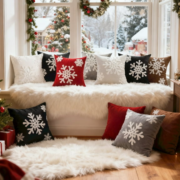 Christmas Throw Pillow Covers, Square Couch Pillows Cover, Embroidered Snowflake Pillowcase, Towel Embroidered Christmas Pillowcase, Holiday Decor for Sofa Living Room(18x18", 7PCS, without core)