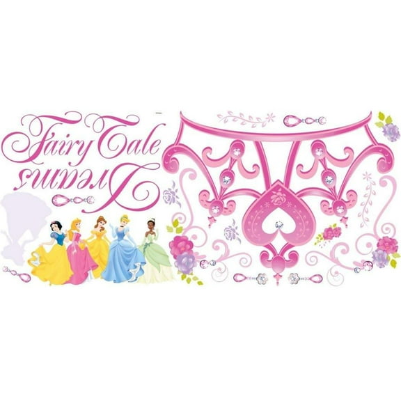 18 Piece Kids Girls Pink Purple Yellow Princess Crown Wall Decals Set, Disney Themed Wall Stickers Peel Stick, Cute Fairy Tale Belle Snow White Cinderella Elegant Decorative Mural Art, Vin