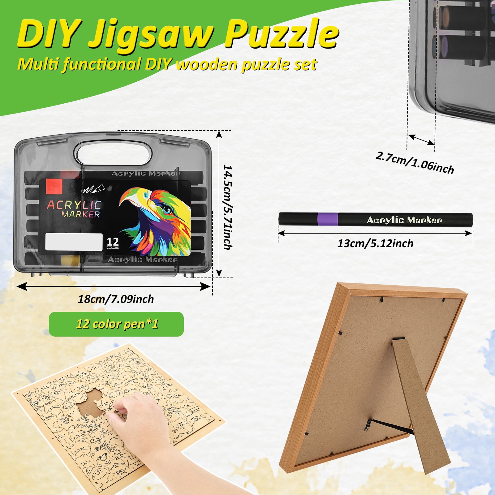 Wooden Coloring Puzzle with 12 Color Marker Glue Instruction Diagram Assembly Drawing Cat/Dog Coloring Puzzle DIY Doodling for Children and Teenager