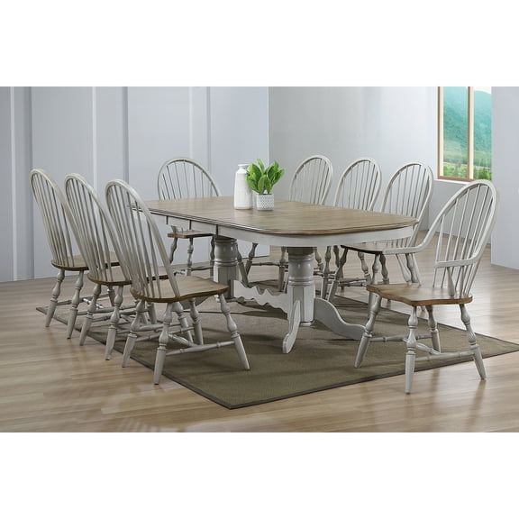 Extendable Dining Table Set - 9 Piece Oval Table with Chairs - Seats 10 - Distressed Gray & Brown Finish
