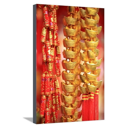 Chinese New Year Decorations.Fake Gold Ingot Best Wishes for Wealthy in the Coming New Year Stretched Canvas Print Wall Art By