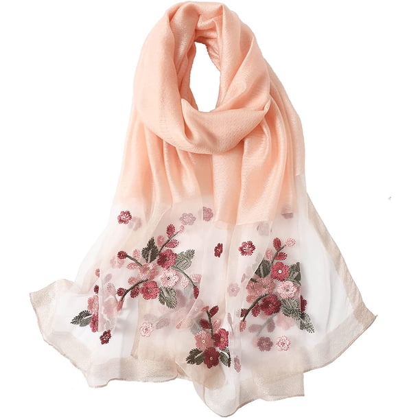 Bufanda de seda de mora, chal floral bordado ligero, chal de gasa para playa, chal para todas las estaciones Ormromra WMZL-2357-3