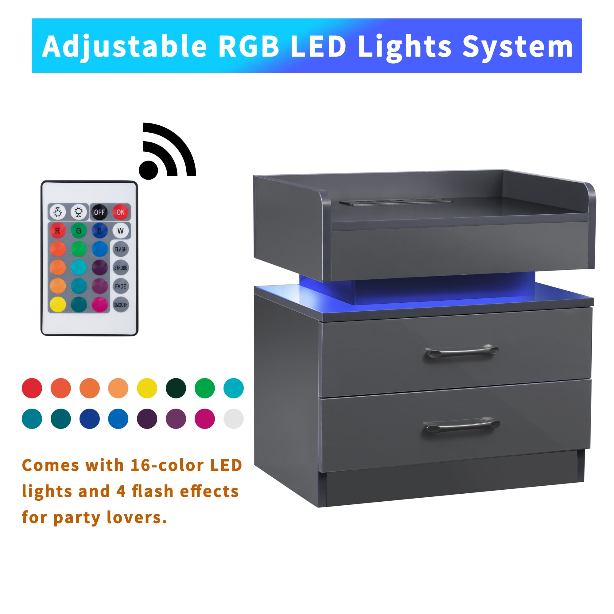 Resenkos Wireless Charging Nightstand with 2 Drawers and Remote Control LED Light, Light-Dark Gray Resenkos Wireless Charging Nightstand with 2 Drawers and Remote Control LED Light, Light-Dark Gray