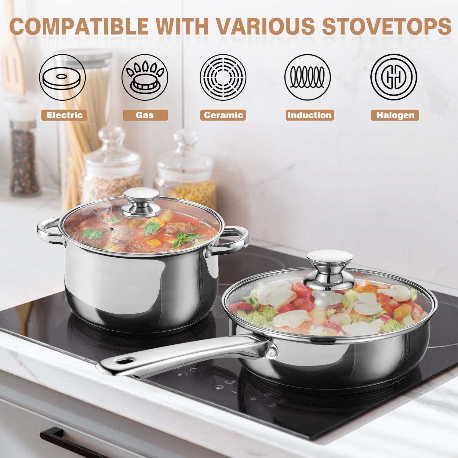 Walchoice 8-Piece Stainless Steel Cookware Set, Kitchen Pots and Pans Set with Glass Lid for Cooking, Kitchen Cookware Set with Utensils, Induction & Dishwasher Safe, Silver