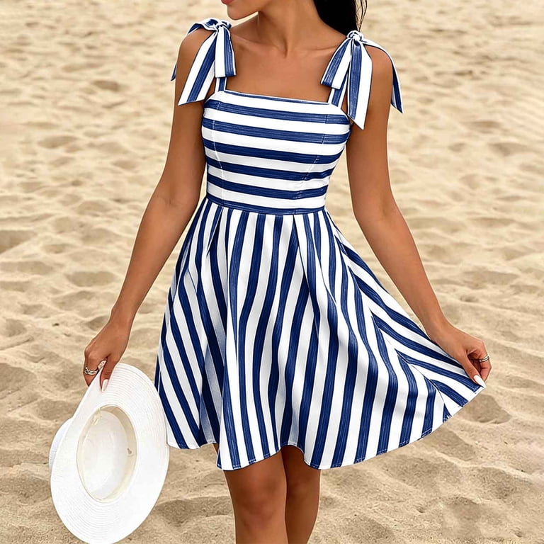 tie shoulder fit and flare dress NTACZA Spaghetti Strap Women'S Summer Dresses Fit & Flare Tie Shoulder  Ruched Back Square Neckline Mini Party Striped Flared Hem Yellow