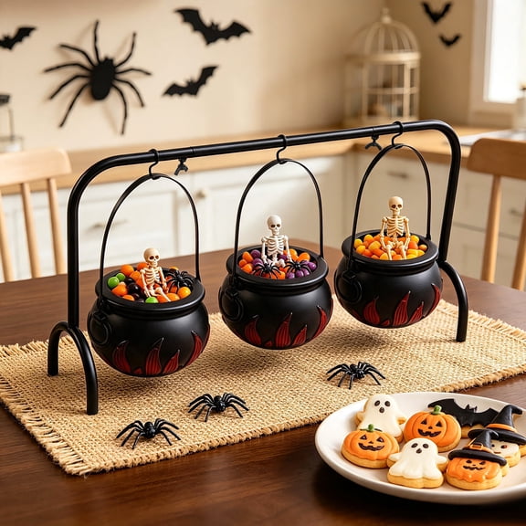 Lumikrypt Halloween Decorations Cauldron Bowls, Set of 3 Witches Cauldron Candy Serving Bowls on Rack, Black Plastic Cauldron, Halloween Party Decorations