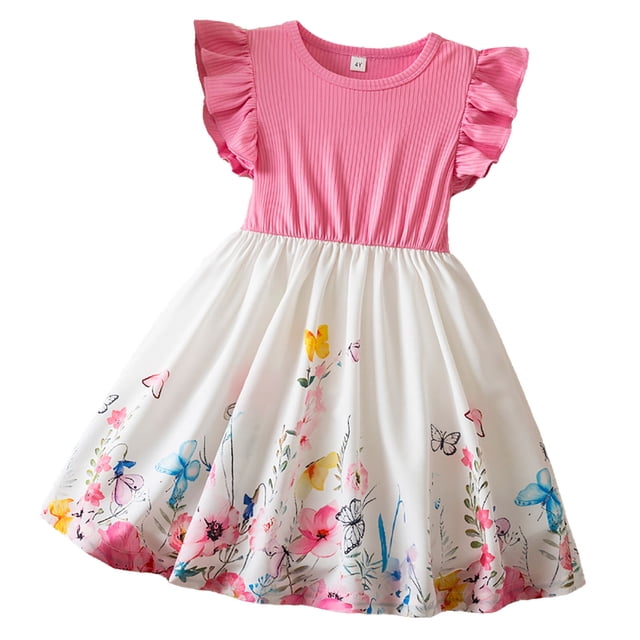 Robe d'Été pour Filles Robe Évasée à Volants Manches Papillon Robe de Cérémonie pour Filles