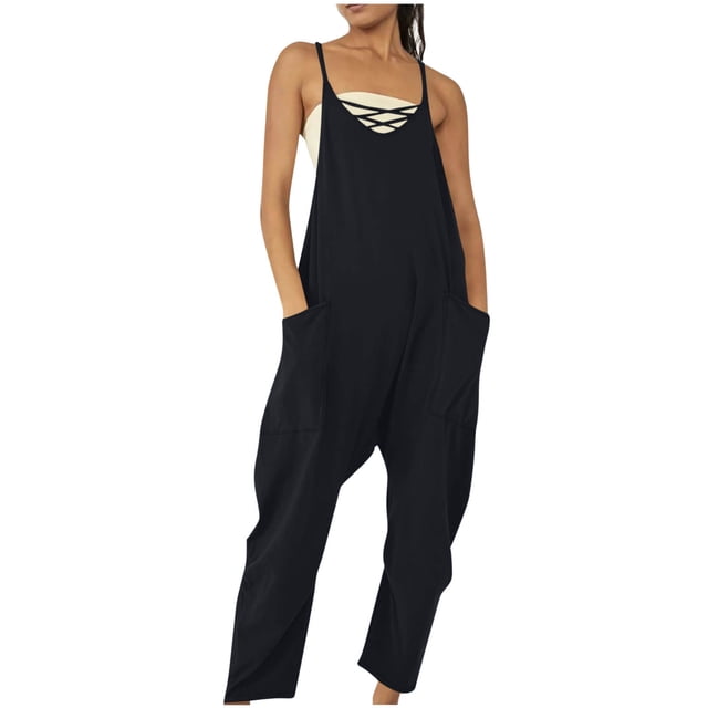 lmcalzta Womens Jumpsuits Summer Rompers Spaghetti Strap Camisole Pnats with Pockets Overall Outfits