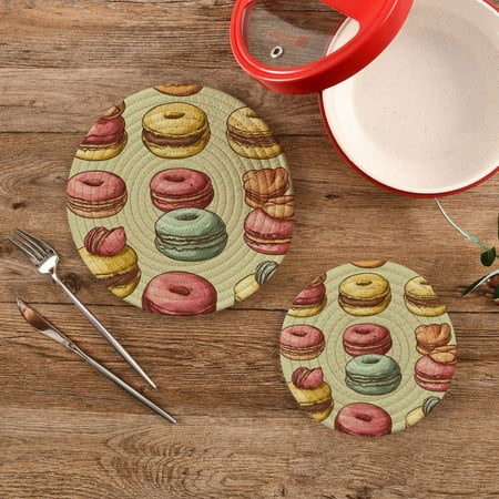 

Wobogo Cartoon Macaroons Trivets Potholders Set of 2 Cotton Woven Round Hot Plate Mats for Hot Dishes Bowls Teapots