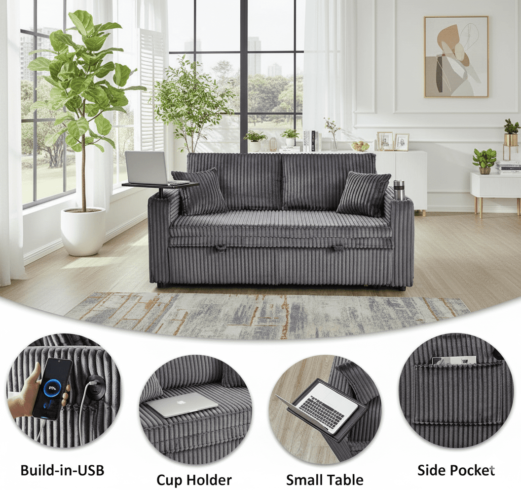65in Sleeper Sofa Bed, Convertible Pull Out Couch with Small Table, USB Ports & Adjustable Backrest, Corduroy Loveseat Sofa Bed for Apartment, Bedroom, Living Room (Dark Gray)