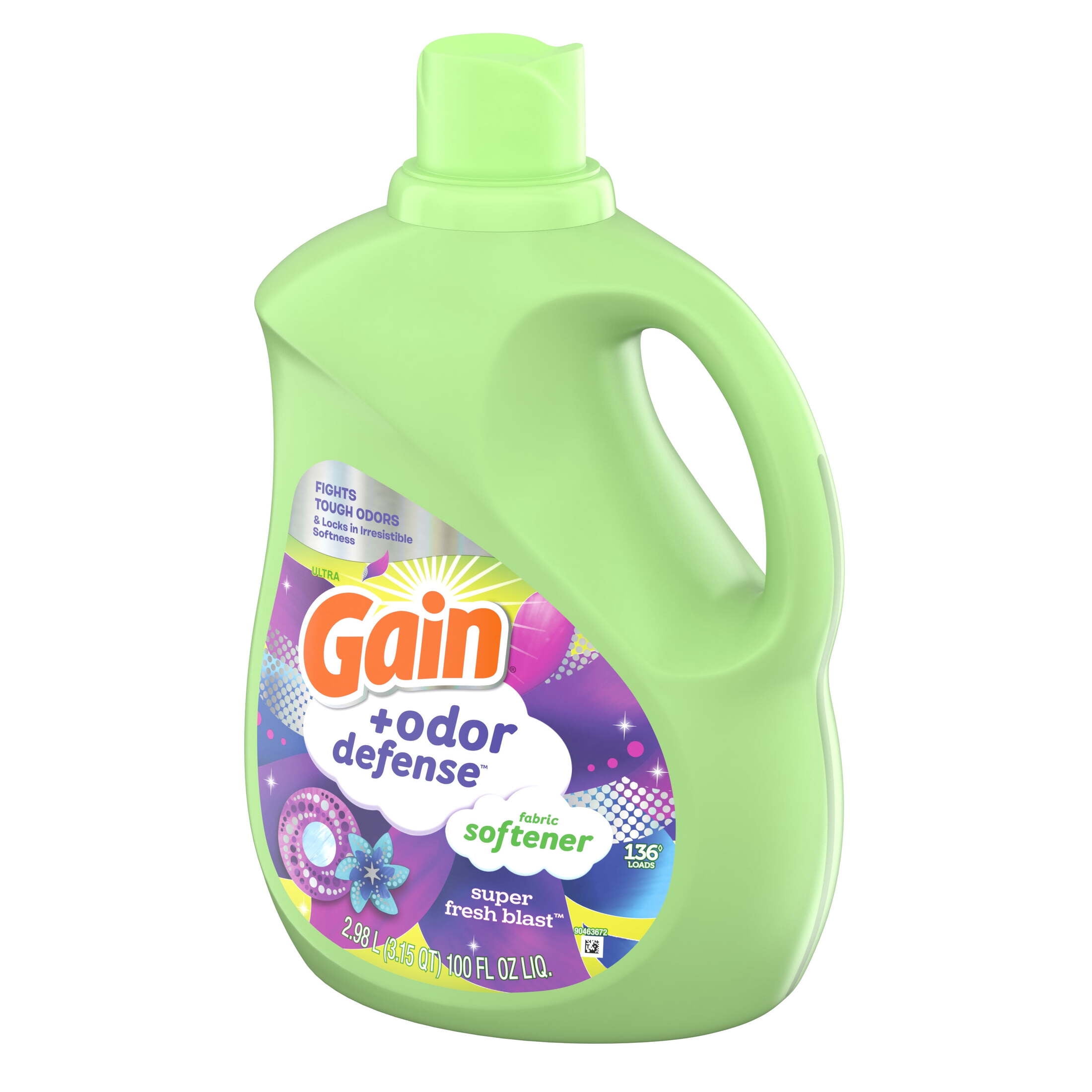 (4 pack) Gain Odor Defense Liquid Fabric Softener and Conditioner, Super Fresh Blast, 100 fl oz, 136 Loads