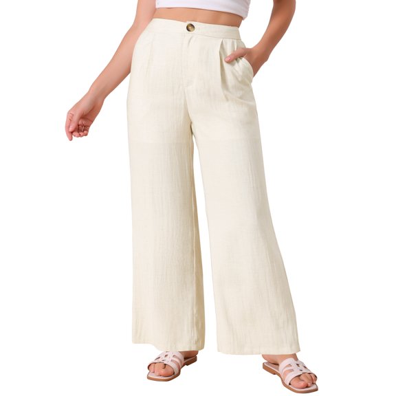 DARING DIVA Women's Casual Linen High Waisted Wide Leg Pants S Beige