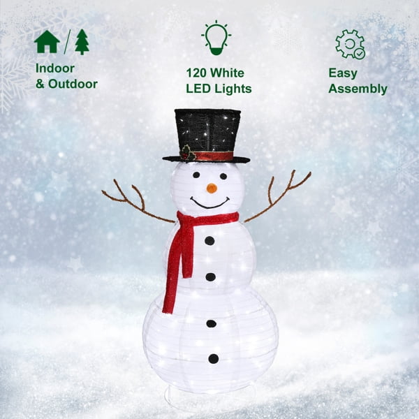 Alvantor 4 ft Pre-Lit Snowman with 120 LED Lights, Top Hat and Red Scarf, Indoor and Covered Outdoor Christmas Decorations, White