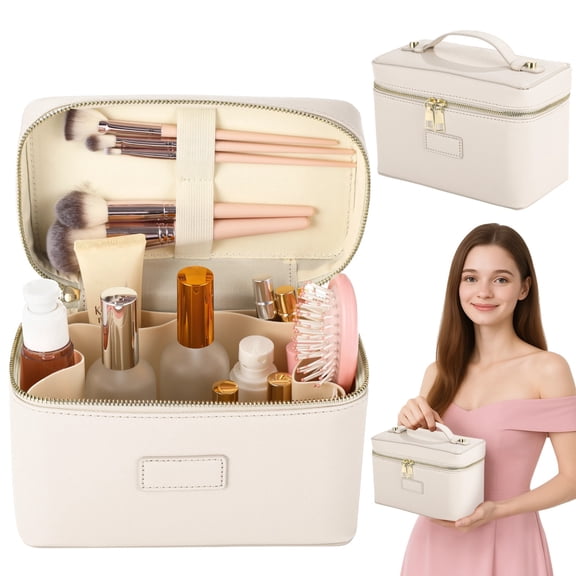 PU Leather Travel Makeup Bag, Large Capacity Zippered Cosmetic Organizer with Removable Liner, Waterproof Toiletry Bag, Portable Cosmetic Case for Women Skincare Brushes Accessories