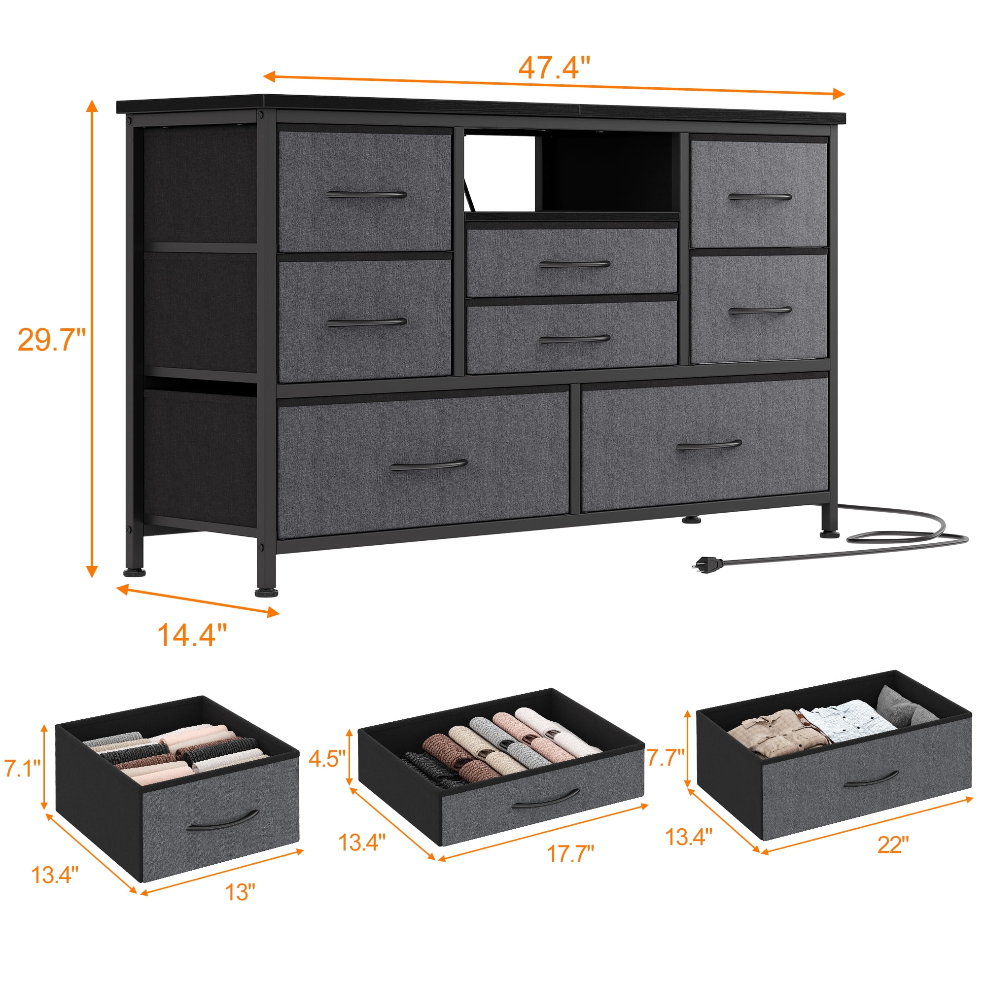 8 Dresser TV Stand with Power Outlet & LED for 55'' TV, Long Dresser for Bedroom with 8 Deep Drawers, Wide Console Table for Storage in Closet, Living Room, Entryway, Wood Top ,Grey